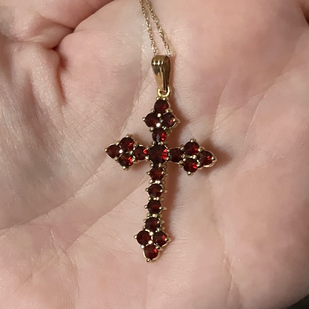 Red Garnet 14KT Yellow Gold Cross Necklace